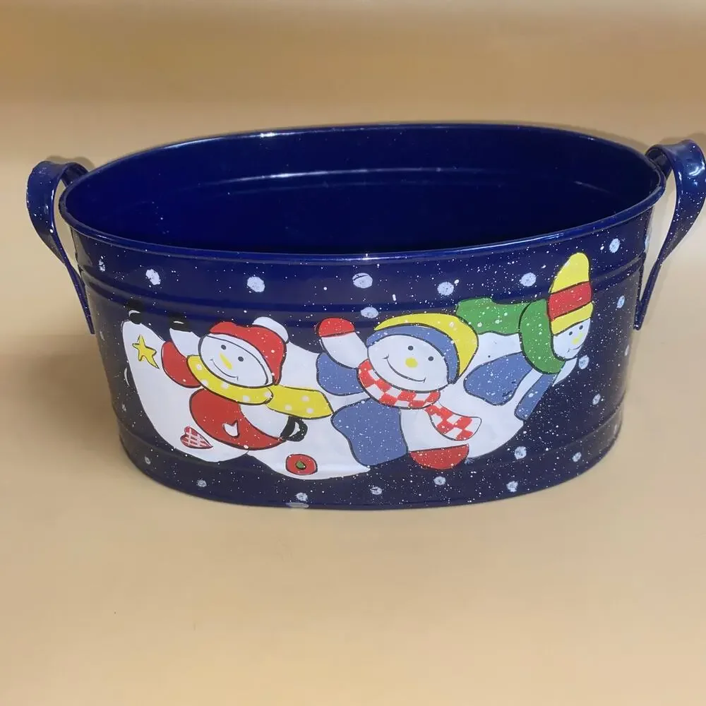Vintage Snowman Winter Holiday Christmas Metal Tin Home Decor Container